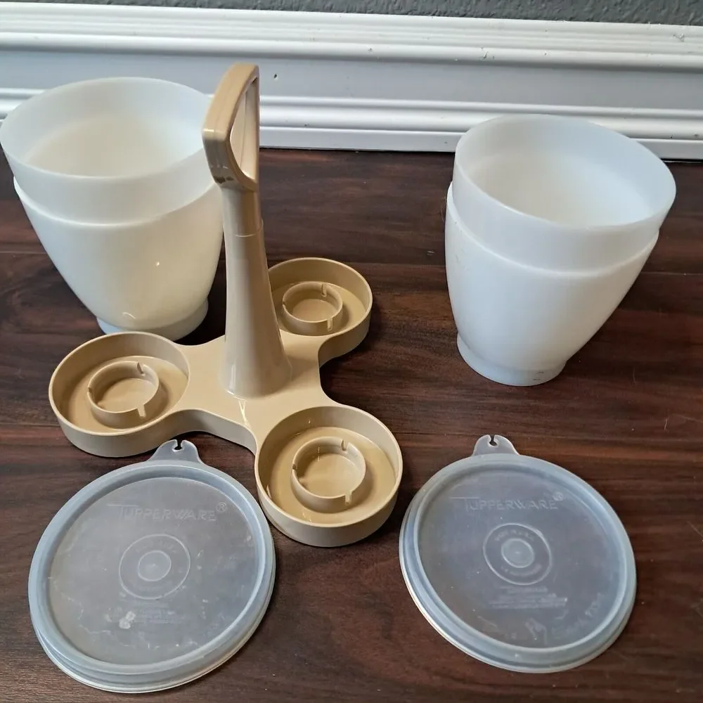 Vintage Tupperware Condiment Caddy‎ #757 Set 4 Cups, 2 Lids - Clear Cups